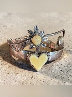 Navajo Artist Bill Kirkham Sterling Floral Leaf and Heart Cuff Bracelet